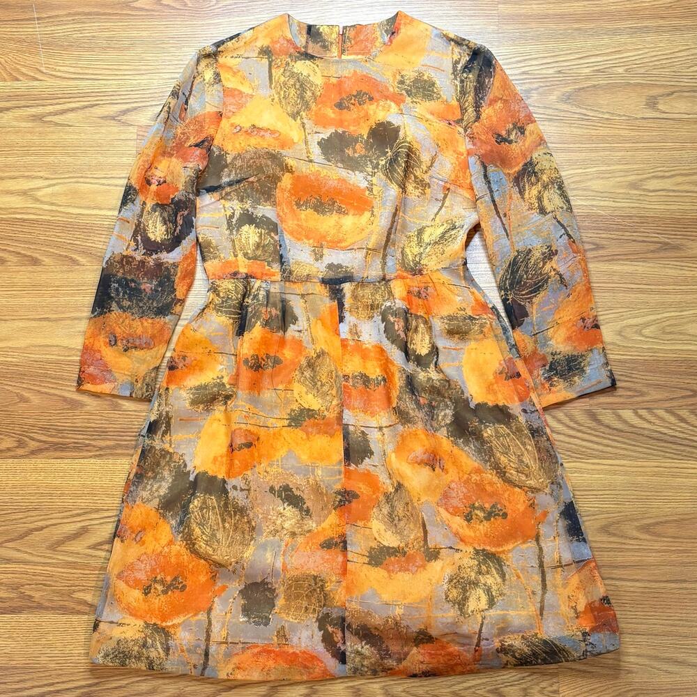 Vintage 1960s Abstract Floral Fit & Flare Dress Orange Brown Mid Century Small